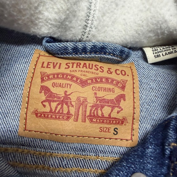 Levi Denim Trucker Jacket Hoodie Gray Sweatshirt Sleeves Women's Small Classic - Picture 11 of 16